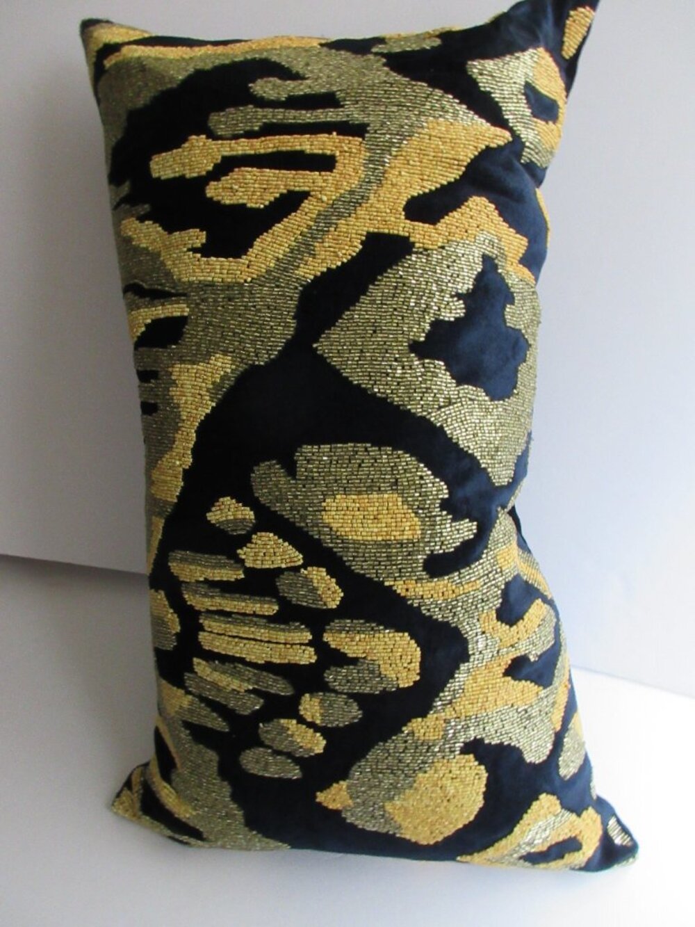 Two Callisto Home Coastal Modern Ikat Velvet Pillows 24" x 14" Navy Beaded - Picture 2 of 15